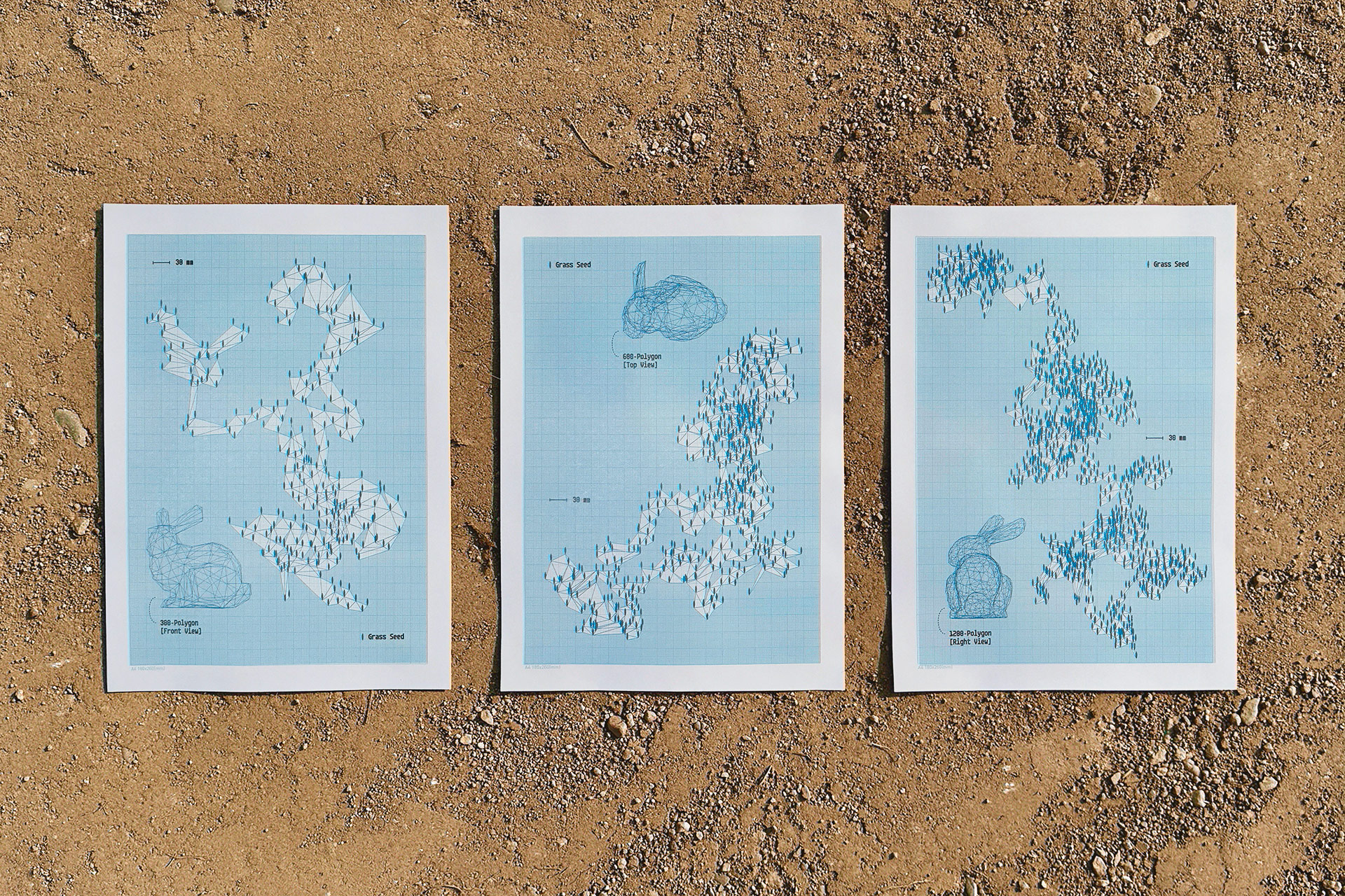 스탠퍼드 버니 3D 모델을 평면 전개하여 잔디 씨앗 배치 다이어그램으로 만든 작품