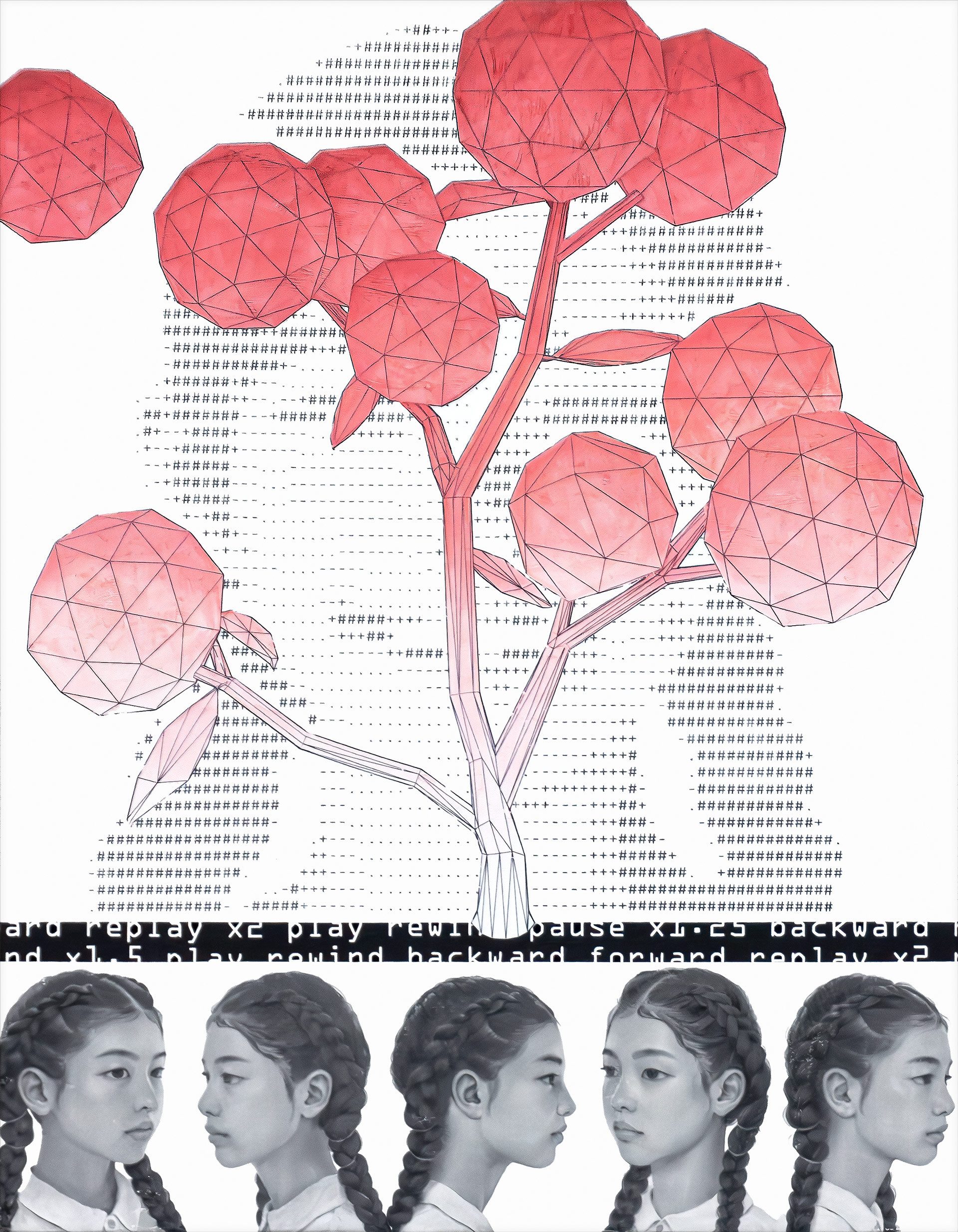 Branching over Panoramic Strata 2 by Jeongmin Hong 다각도의 인물 초상과 텍스트 레이어 위로 3D 와이어프레임을 전사하고 흑연의 흔적을 더한 캔버스 아크릴화